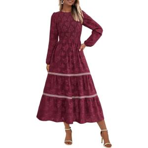 imagePRETTYGARDEN Womens Fall Midi Dress Elegant Floral Long Sleeve Smocked Boho Wedding Party Long Flowy DressesWine Red