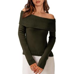 imagePRETTYGARDEN Womens Fall Off Shoulder Sweaters Y2K Long Sleeve Ribbed Knit Fitted Pullover Winter Date Night Tops BlouseArmy Green