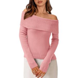 imagePRETTYGARDEN Womens Fall Off Shoulder Sweaters Y2K Long Sleeve Ribbed Knit Fitted Pullover Winter Date Night Tops BlouseBean Paste Pink