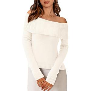 imagePRETTYGARDEN Womens Fall Off Shoulder Sweaters Y2K Long Sleeve Ribbed Knit Fitted Pullover Winter Date Night Tops BlouseBeige White