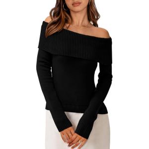 imagePRETTYGARDEN Womens Fall Off Shoulder Sweaters Y2K Long Sleeve Ribbed Knit Fitted Pullover Winter Date Night Tops BlouseBlack