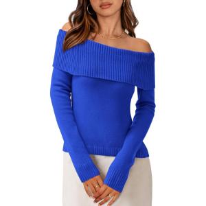 imagePRETTYGARDEN Womens Fall Off Shoulder Sweaters Y2K Long Sleeve Ribbed Knit Fitted Pullover Winter Date Night Tops BlouseBlue