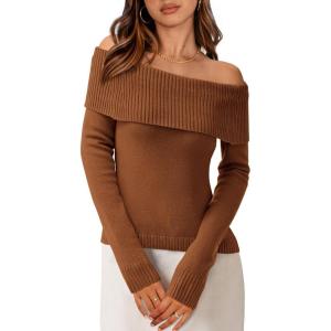 imagePRETTYGARDEN Womens Fall Off Shoulder Sweaters Y2K Long Sleeve Ribbed Knit Fitted Pullover Winter Date Night Tops BlouseCoffee