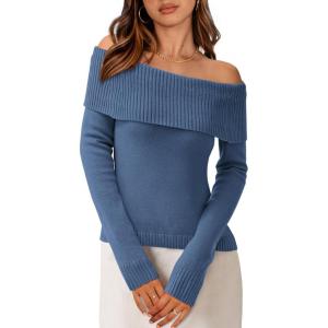 imagePRETTYGARDEN Womens Fall Off Shoulder Sweaters Y2K Long Sleeve Ribbed Knit Fitted Pullover Winter Date Night Tops BlouseGrey Blue
