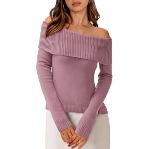 imagePRETTYGARDEN Womens Fall Off Shoulder Sweaters Y2K Long Sleeve Ribbed Knit Fitted Pullover Winter Date Night Tops BlouseHeather Pink