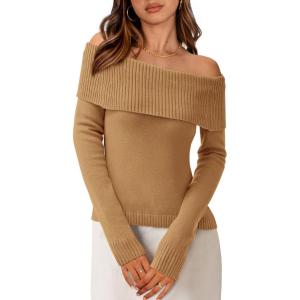 imagePRETTYGARDEN Womens Fall Off Shoulder Sweaters Y2K Long Sleeve Ribbed Knit Fitted Pullover Winter Date Night Tops BlouseKhaki