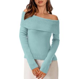 imagePRETTYGARDEN Womens Fall Off Shoulder Sweaters Y2K Long Sleeve Ribbed Knit Fitted Pullover Winter Date Night Tops BlouseLight Blue