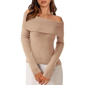 imagePRETTYGARDEN Womens Fall Off Shoulder Sweaters Y2K Long Sleeve Ribbed Knit Fitted Pullover Winter Date Night Tops BlouseLight Camel