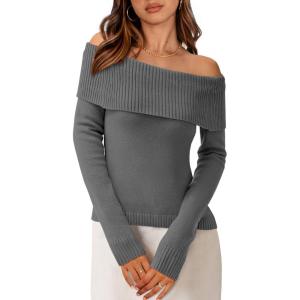 imagePRETTYGARDEN Womens Fall Off Shoulder Sweaters Y2K Long Sleeve Ribbed Knit Fitted Pullover Winter Date Night Tops BlouseMid Grey