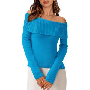 imagePRETTYGARDEN Womens Fall Off Shoulder Sweaters Y2K Long Sleeve Ribbed Knit Fitted Pullover Winter Date Night Tops BlouseMineral Blue