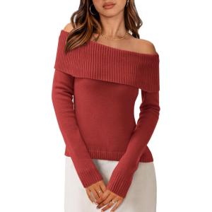 imagePRETTYGARDEN Womens Fall Off Shoulder Sweaters Y2K Long Sleeve Ribbed Knit Fitted Pullover Winter Date Night Tops BlouseOrange Red