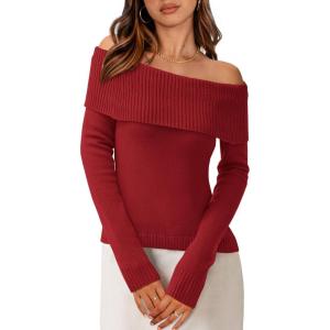 imagePRETTYGARDEN Womens Fall Off Shoulder Sweaters Y2K Long Sleeve Ribbed Knit Fitted Pullover Winter Date Night Tops BlouseRust Red