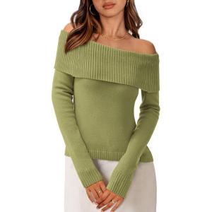 imagePRETTYGARDEN Womens Fall Off Shoulder Sweaters Y2K Long Sleeve Ribbed Knit Fitted Pullover Winter Date Night Tops BlouseSage Green