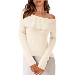imagePRETTYGARDEN Womens Fall Off Shoulder Sweaters Y2K Long Sleeve Ribbed Knit Fitted Pullover Winter Date Night Tops BlouseSnow White