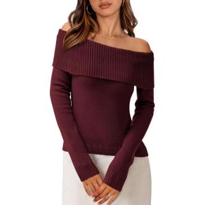 imagePRETTYGARDEN Womens Fall Off Shoulder Sweaters Y2K Long Sleeve Ribbed Knit Fitted Pullover Winter Date Night Tops BlouseWine Red