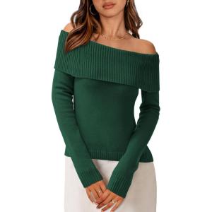 imagePRETTYGARDEN Womens Fall Off Shoulder Sweaters Y2K Long Sleeve Ribbed Knit Fitted Pullover Winter Date Night Tops BlouseWood Green