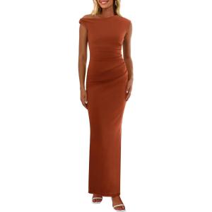 imagePRETTYGARDEN Womens Summer Formal Maxi Dresses Mesh Sleeveless One Shoulder Bodycon Ruched Slit Long Wedding Guest DressesCaramel
