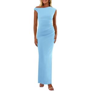 imagePRETTYGARDEN Womens Summer Formal Maxi Dresses Mesh Sleeveless One Shoulder Bodycon Ruched Slit Long Wedding Guest DressesLight Blue