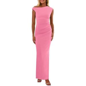 imagePRETTYGARDEN Womens Summer Formal Maxi Dresses Mesh Sleeveless One Shoulder Bodycon Ruched Slit Long Wedding Guest DressesPink