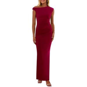 imagePRETTYGARDEN Womens Summer Formal Maxi Dresses Mesh Sleeveless One Shoulder Bodycon Ruched Slit Long Wedding Guest DressesWine Red