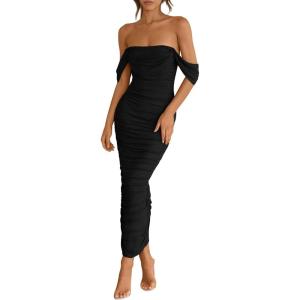 imagePRETTYGARDEN Womens Summer Off The Shoulder Dress Ruched Bodycon Sleeveless Split Cocktail Party Maxi DressesBlack