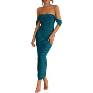 imagePRETTYGARDEN Womens Summer Off The Shoulder Dress Ruched Bodycon Sleeveless Split Cocktail Party Maxi DressesLake Blue