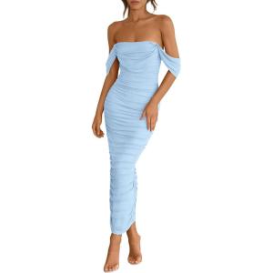imagePRETTYGARDEN Womens Summer Off The Shoulder Dress Ruched Bodycon Sleeveless Split Cocktail Party Maxi DressesLight Blue
