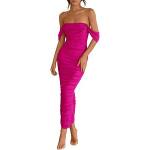 imagePRETTYGARDEN Womens Summer Off The Shoulder Dress Ruched Bodycon Sleeveless Split Cocktail Party Maxi DressesRose Red