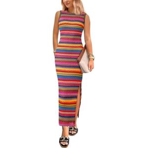 imagePRETTYGARDEN Womens Summer Sleeveless Tank Dress Crew Neck Striped Side Slit Bodycon Casual Maxi DressesArmy Green