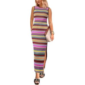 imagePRETTYGARDEN Womens Summer Sleeveless Tank Dress Crew Neck Striped Side Slit Bodycon Casual Maxi DressesBrown Red