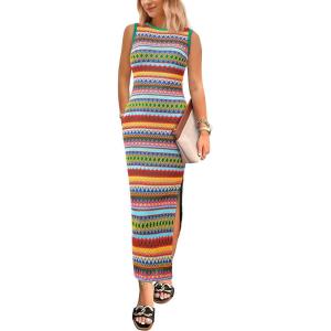 imagePRETTYGARDEN Womens Summer Sleeveless Tank Dress Crew Neck Striped Side Slit Bodycon Casual Maxi DressesGreen