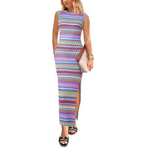 imagePRETTYGARDEN Womens Summer Sleeveless Tank Dress Crew Neck Striped Side Slit Bodycon Casual Maxi DressesLight Blue