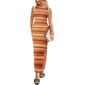 imagePRETTYGARDEN Womens Summer Sleeveless Tank Dress Crew Neck Striped Side Slit Bodycon Casual Maxi DressesOrange