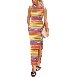 imagePRETTYGARDEN Womens Summer Sleeveless Tank Dress Crew Neck Striped Side Slit Bodycon Casual Maxi DressesYellow