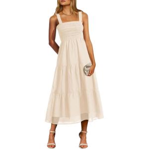imagePRETTYGARDEN Womens Summer Smocked Midi Dress Ruffle A Line Long Flowy Dresses Cute Sleeveless Beach SundressApricot