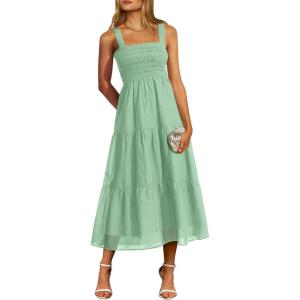 imagePRETTYGARDEN Womens Summer Smocked Midi Dress Ruffle A Line Long Flowy Dresses Cute Sleeveless Beach SundressBean Green