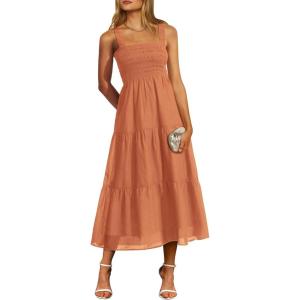 imagePRETTYGARDEN Womens Summer Smocked Midi Dress Ruffle A Line Long Flowy Dresses Cute Sleeveless Beach SundressBrown Orange