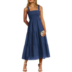 imagePRETTYGARDEN Womens Summer Smocked Midi Dress Ruffle A Line Long Flowy Dresses Cute Sleeveless Beach SundressDark Blue
