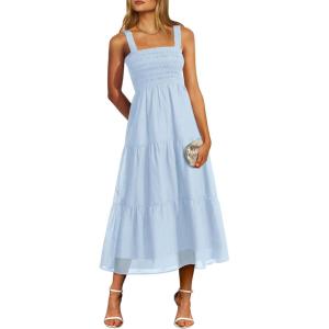 imagePRETTYGARDEN Womens Summer Smocked Midi Dress Ruffle A Line Long Flowy Dresses Cute Sleeveless Beach SundressLight Blue