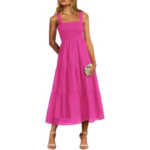 imagePRETTYGARDEN Womens Summer Smocked Midi Dress Ruffle A Line Long Flowy Dresses Cute Sleeveless Beach SundressRose Red