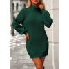 imagePRETTYGARDEN Women Sweater Dress 2024 Winter Long Puff Sleeve Turtleneck Ribbed Knit Oversized Pullover Winter Short DressDark Green