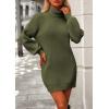 imagePRETTYGARDEN Women Sweater Dress 2024 Winter Long Puff Sleeve Turtleneck Ribbed Knit Oversized Pullover Winter Short DressOlive Green