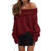 imagePRETTYGARDEN Womens Sweaters Fall Off The Shoulder Long Sleeve Top 2024 Outfits Loose Knitted Winter PulloverWine Red