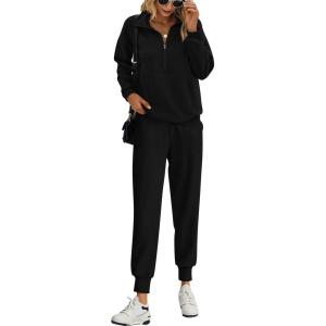 imagePRETTYGARDEN Long Sleeve Half Zip Sweatsuits Women 2 Piece Outfit Fall 2024 Casual Sweatshirt Sweatpants Lounge Set TracksuitBlack