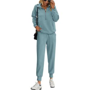 imagePRETTYGARDEN Long Sleeve Half Zip Sweatsuits Women 2 Piece Outfit Fall 2024 Casual Sweatshirt Sweatpants Lounge Set TracksuitBlue