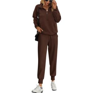 imagePRETTYGARDEN Long Sleeve Half Zip Sweatsuits Women 2 Piece Outfit Fall 2024 Casual Sweatshirt Sweatpants Lounge Set TracksuitCoffee