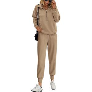 imagePRETTYGARDEN Long Sleeve Half Zip Sweatsuits Women 2 Piece Outfit Fall 2024 Casual Sweatshirt Sweatpants Lounge Set TracksuitKhaki