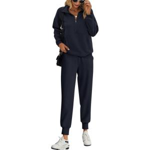 imagePRETTYGARDEN Long Sleeve Half Zip Sweatsuits Women 2 Piece Outfit Fall 2024 Casual Sweatshirt Sweatpants Lounge Set TracksuitNavy