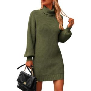 imagePRETTYGARDEN Women Sweater Dress 2024 Winter Long Puff Sleeve Turtleneck Ribbed Knit Oversized Pullover Winter Short DressOlive Green