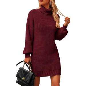 imagePRETTYGARDEN Women Sweater Dress 2024 Winter Long Puff Sleeve Turtleneck Ribbed Knit Oversized Pullover Winter Short DressWine Red